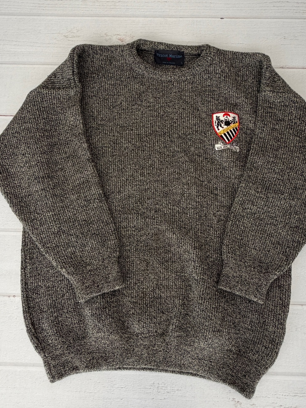 Vintage Tricot Marine Ireland Pure New Wool Knit Sweater Crest Patch Size L 42 - Picture 4 of 12